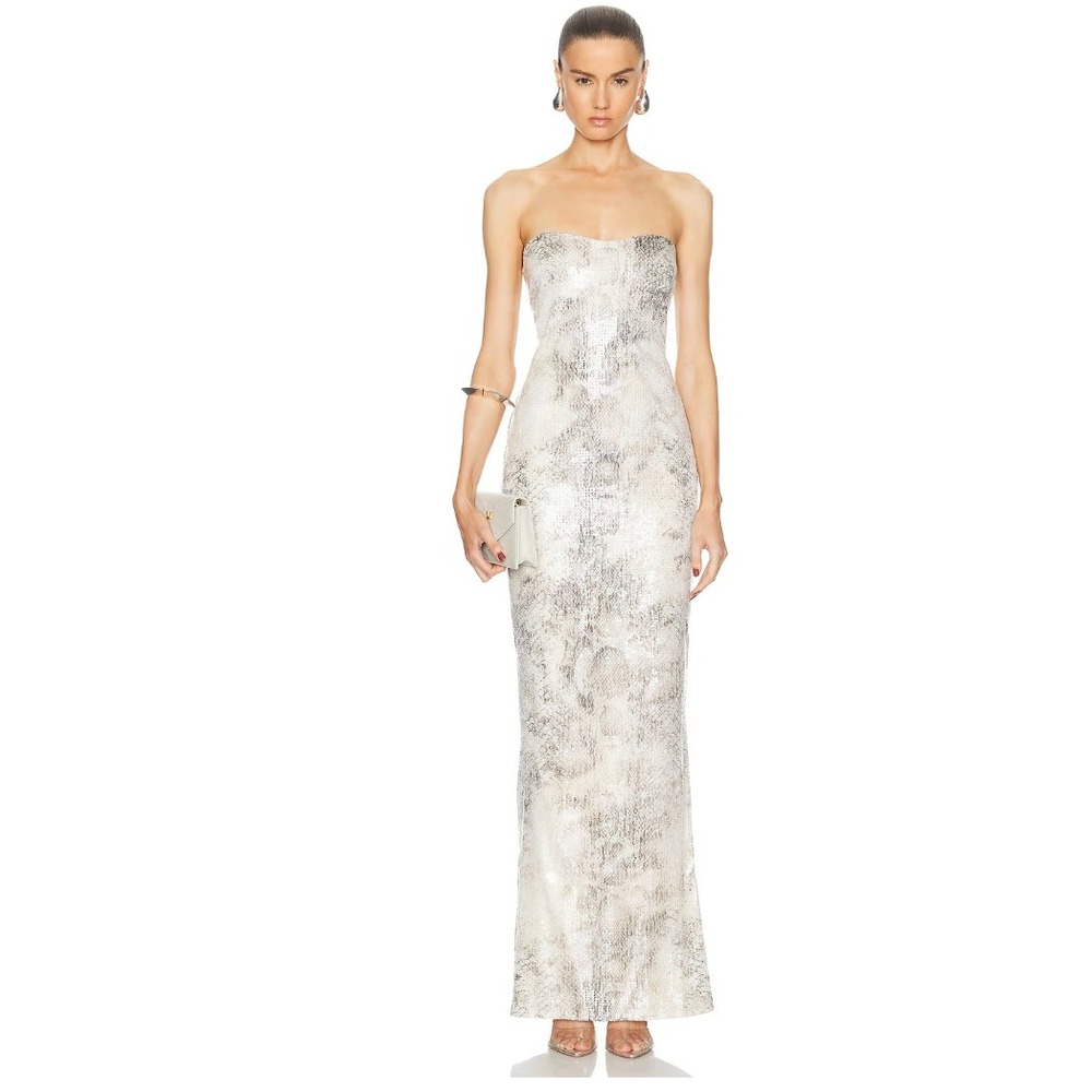 Retrofête Winslow Strapless Sequin Maxi Dress Silver Snake Print Gown M